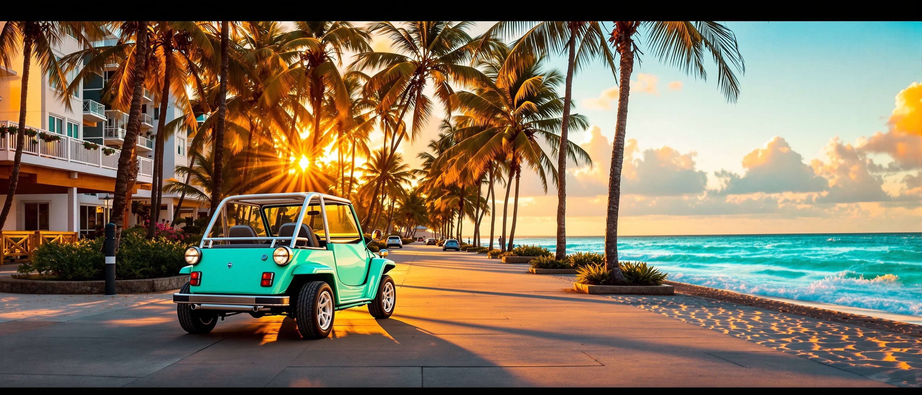 Mint Moke beach buggy parked on the Hollywood Beach boardwalk at golden hour