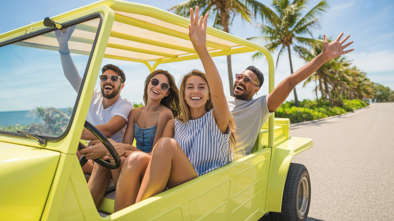 Group of friends cruising Hollywood Beach in a bright yellow Moke beach buggy