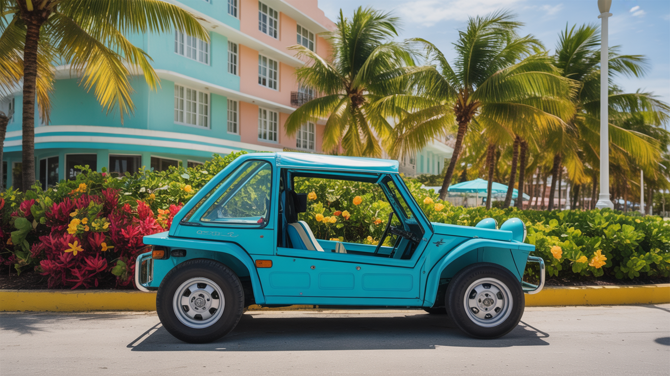 Turquoise Moke beach buggy parked in front of a pastel Art Deco hotel in Hollywood Beach